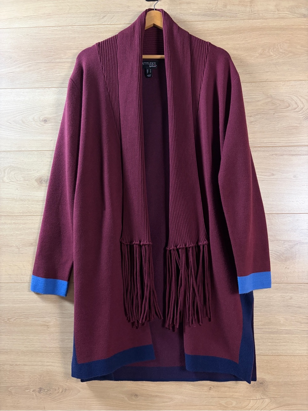 Attitudes by Renee Burgundy Colorblock Open Fringe Cardigan